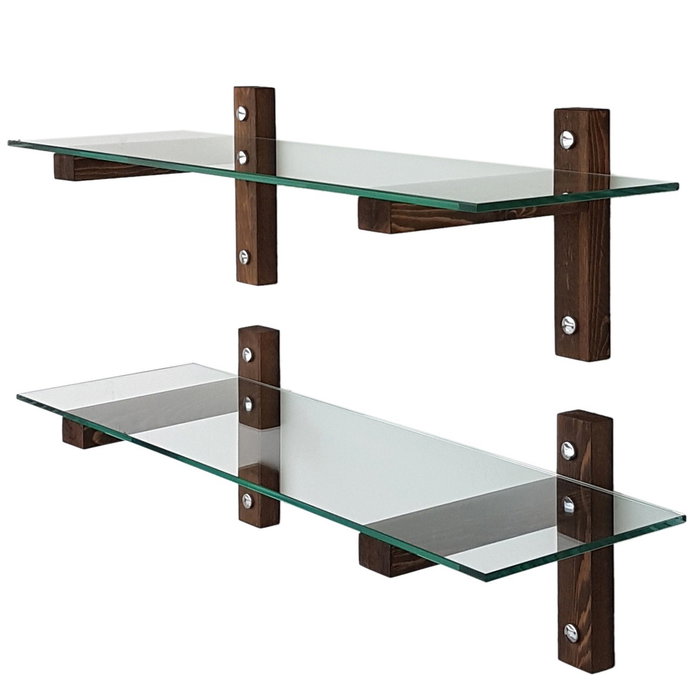 Hanah Home R200 Estantería de pared de cristal templado y madera de pino, Nogal